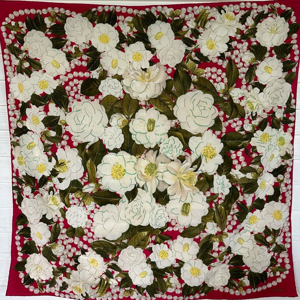 Authentic Chanel scarf wrap shawl with white Camellia flowers and pearls